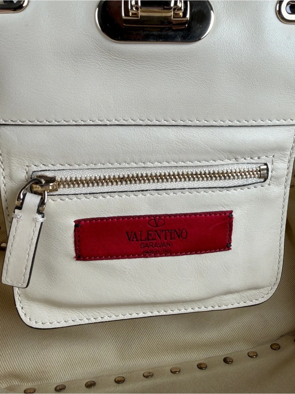 Valentino Garavani Compact Ivory Rockstud Tote Leather 2-Way Crossbody Full Set